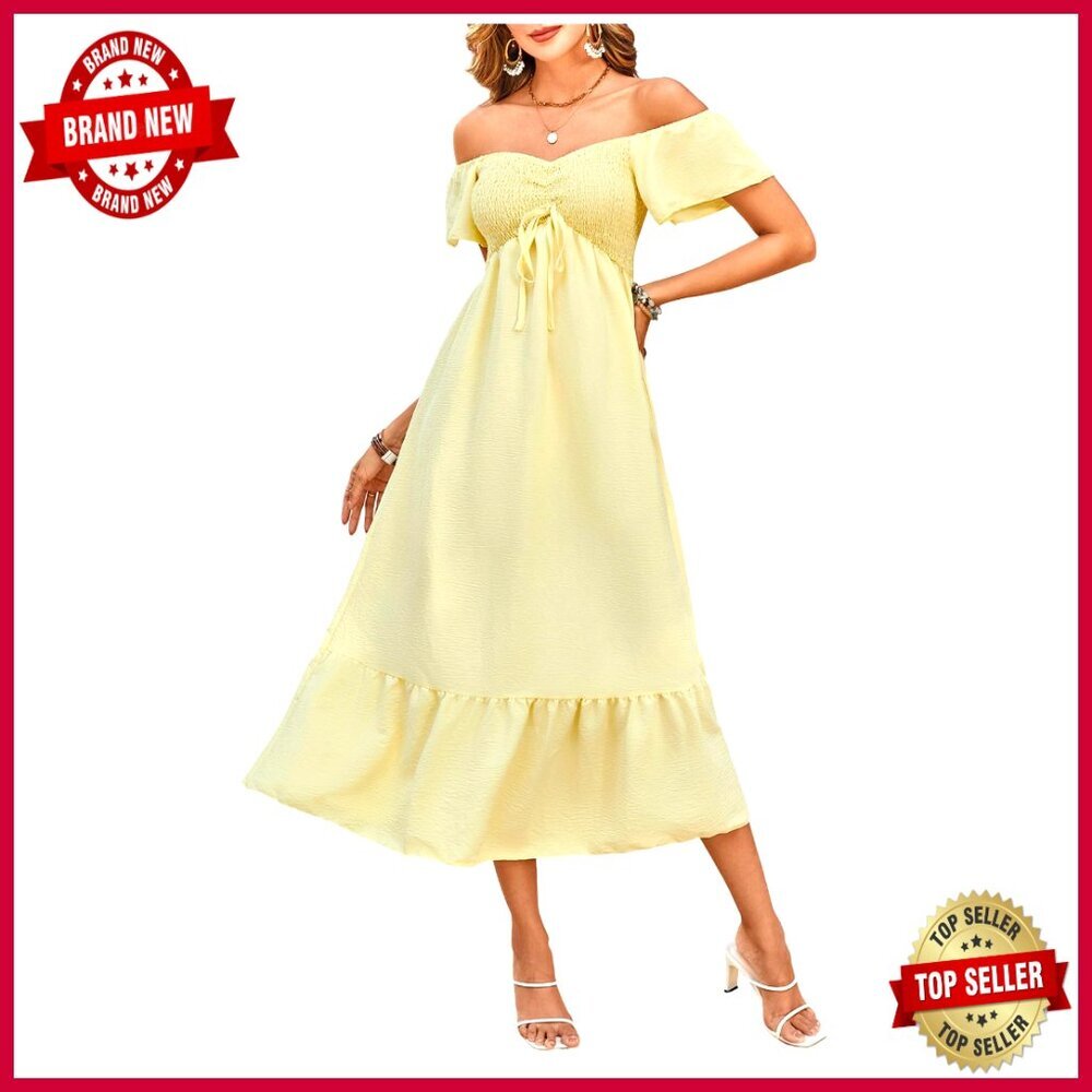 Summer Off Shoulder Puff Sleeve Shirred Maxi Dress Formal Elegant Beach Wear